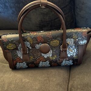 Brown Floral Embossed Leather Handbag